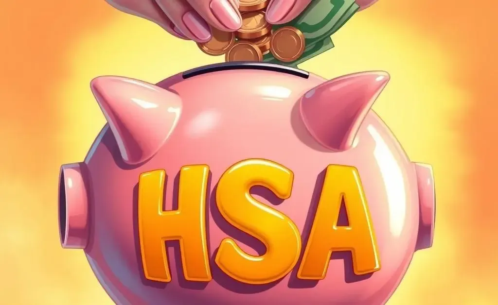 An illustration of a piggy bank labeled 'HSA' with coins and dollar bills.