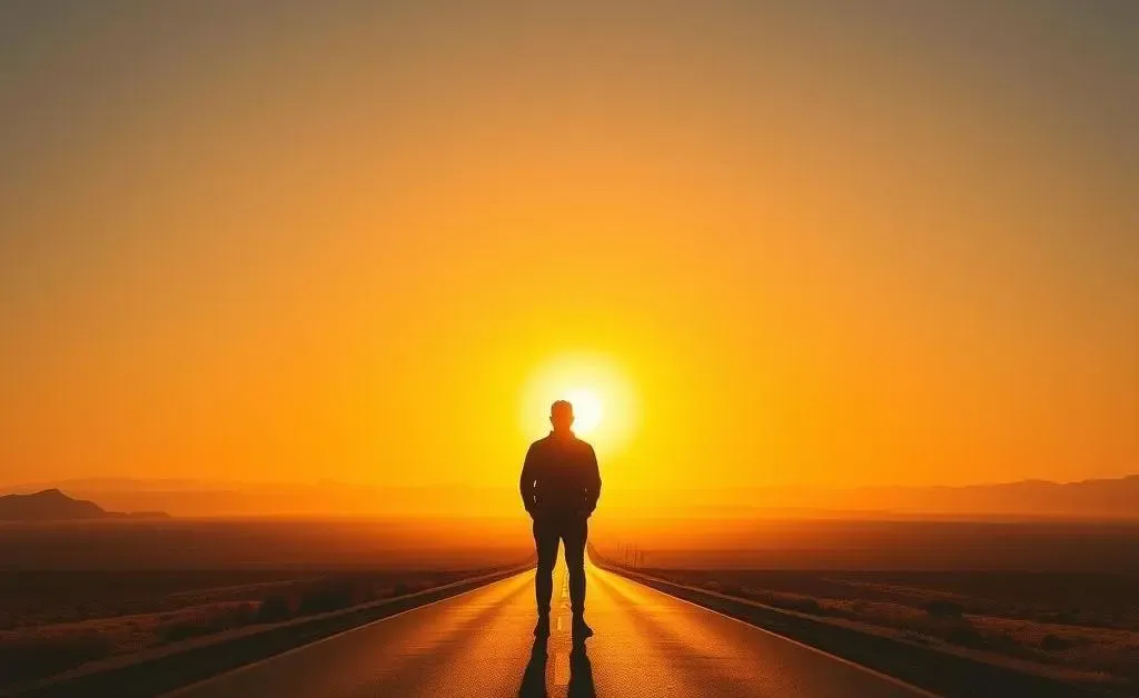 Silhouette of a human standing on an open road with a vast landscape ahead.