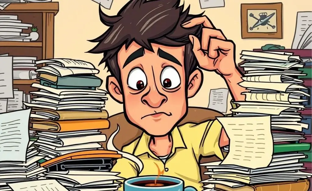 Confused person planning finances with papers and coffee