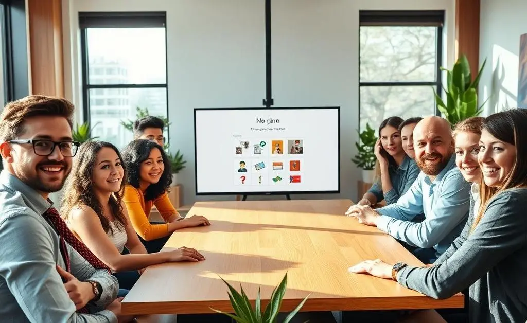 Employees in a meeting room having a light-hearted discussion