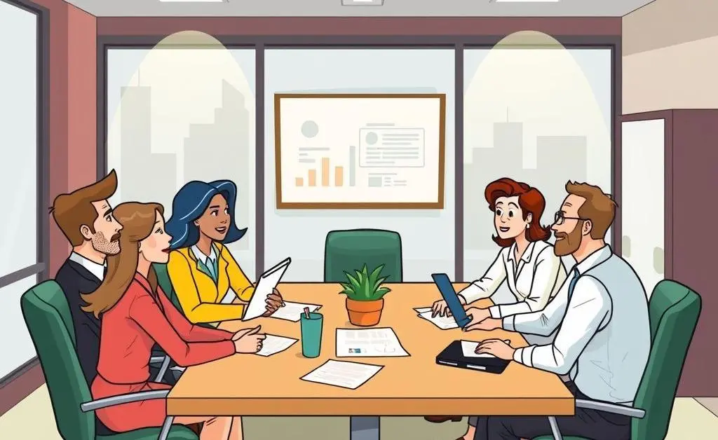 Hybrid office meeting with diverse professionals discussing financial strategies