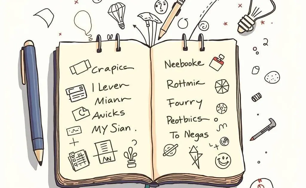 An illustration of a notebook with creative scribbles and ideas scattered around