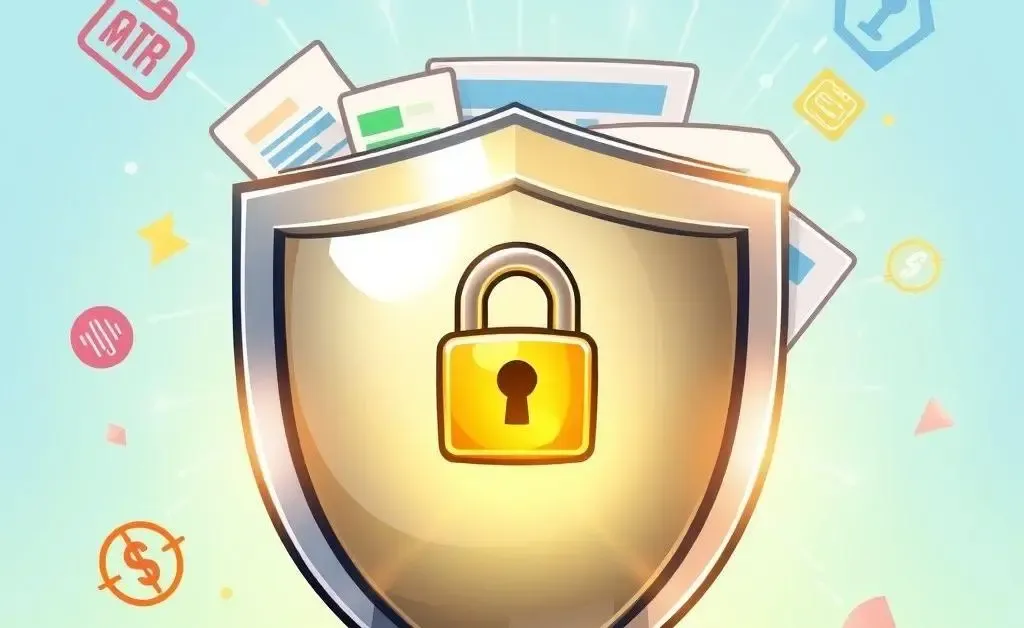 Cartoon depicting a credit shield protecting personal finance documents from unauthorized access.