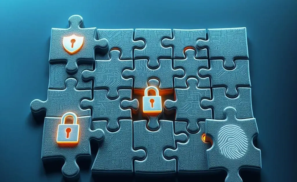 A jigsaw puzzle with pieces representing identity, privacy, and security.