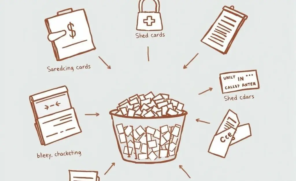 Hand-drawn illustration of various identity safety measures, including shredding cards