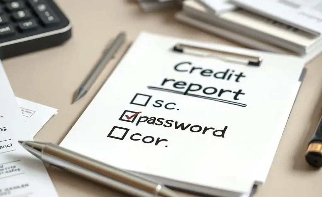 A checklist on a desk with items like credit report, passwords, and financial documents
