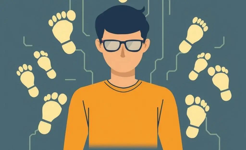 Digital footprints surrounding a person, symbolizing identity theft awareness