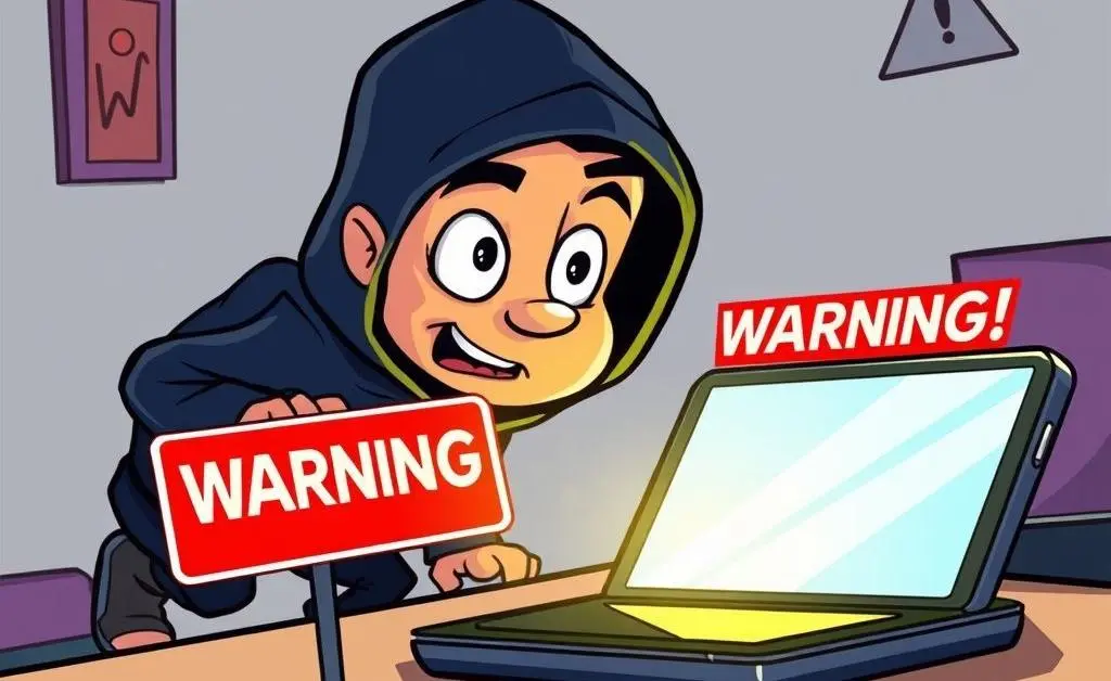 Cartoon-style depiction of a thief sneaking towards a digital device with a 'Warning!' sign.