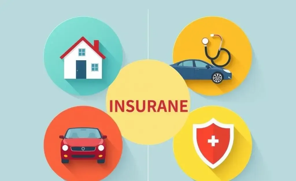 Illustration showing different insurance types: home, car, health, and life.