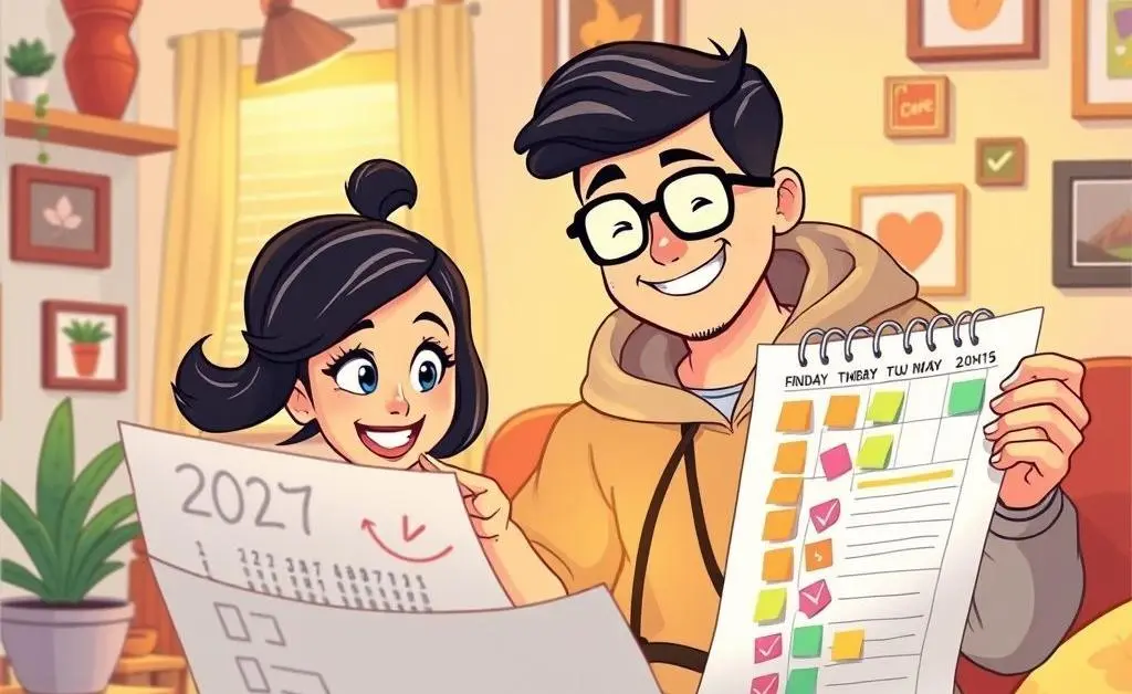 Couple reviewing a calendar and checklist.