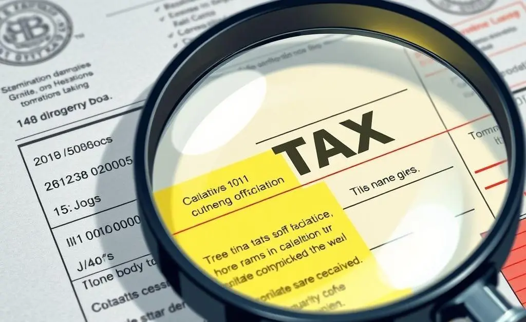 Illustration of a magnifying glass over a tax document with highlighted key points.