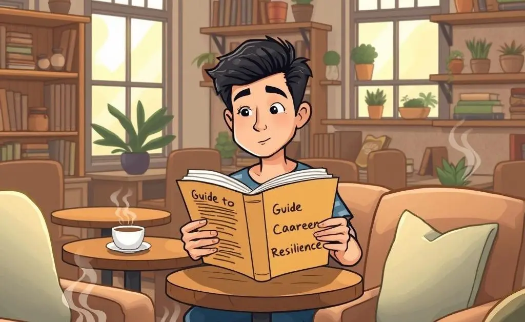 A cartoon of a person reading a book titled 'Guide to Career Resilience' at a cozy coffee shop.