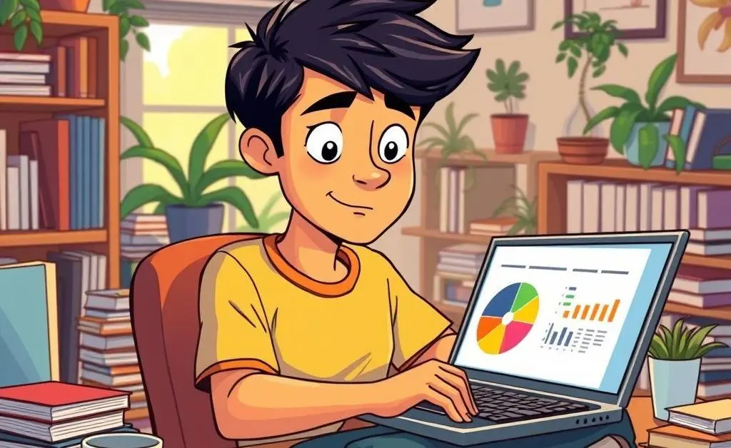 Cartoon of a person sitting at a desk with a laptop open and a pie chart showing a budget breakdown on the screen.