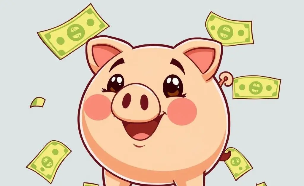 A happy piggy bank surrounded by dollar bills