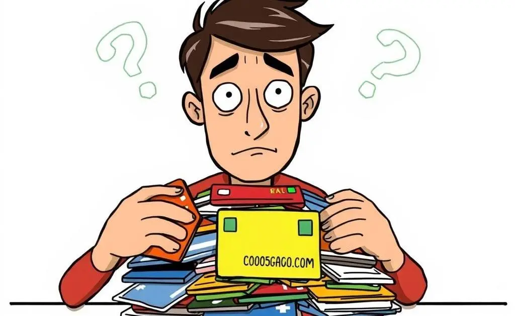 Cartoon showing a person with a pile of credit cards making a decision on which to prioritize