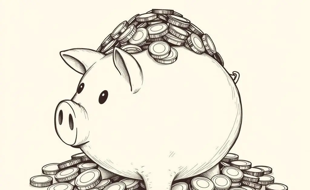 A piggy bank filled to the brim, surrounded by coins, fostering a sense of abundance