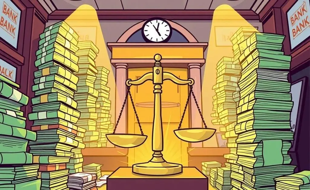 A cartoon-style image of a bank with money, scale, and paperwork.