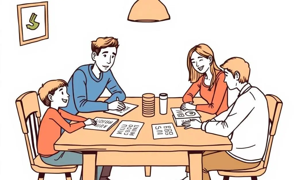 Family discussing financial plans at a table.