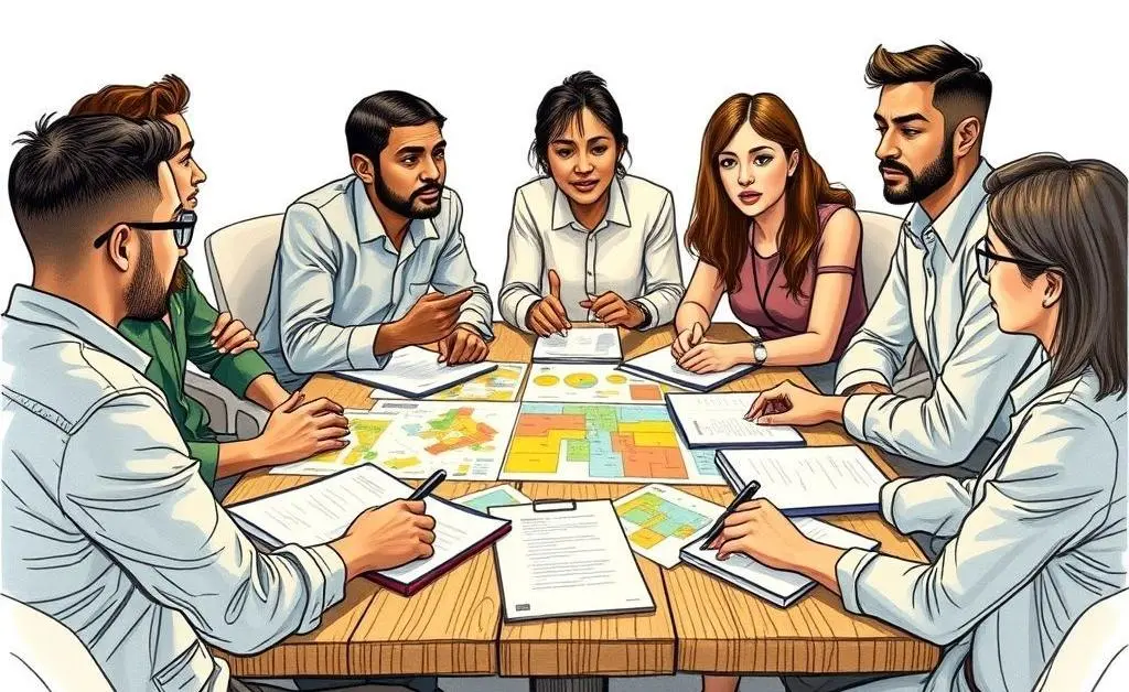 A small meeting discussing real estate plans over a table with charts and notebooks.