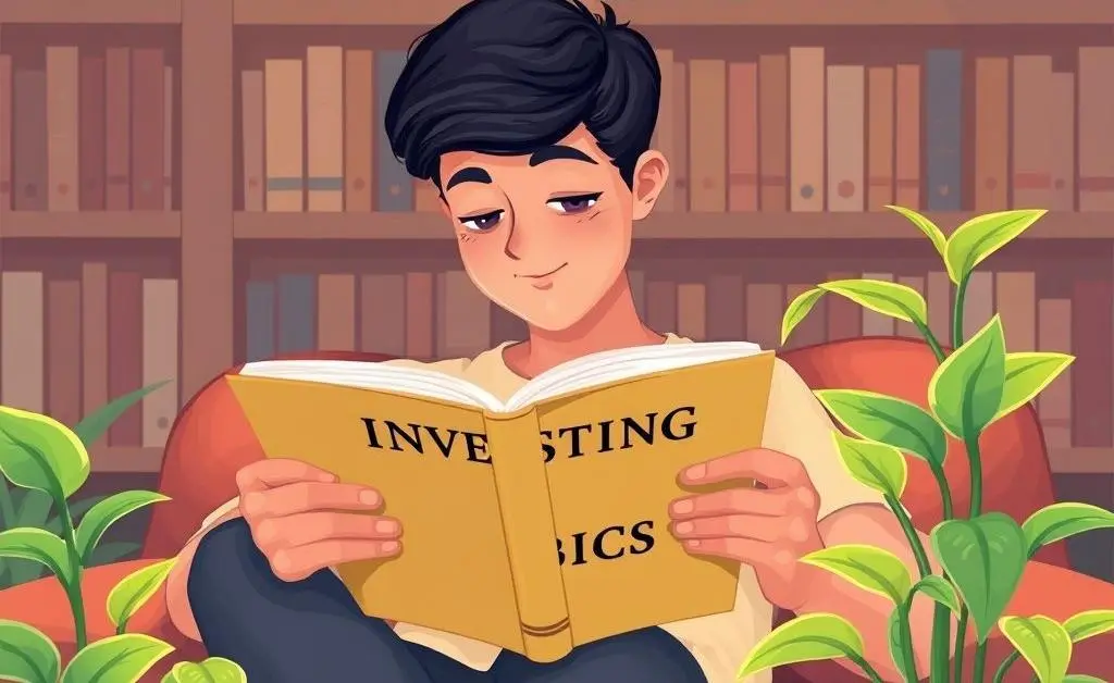 Person reading a book titled 'Investing Basics'