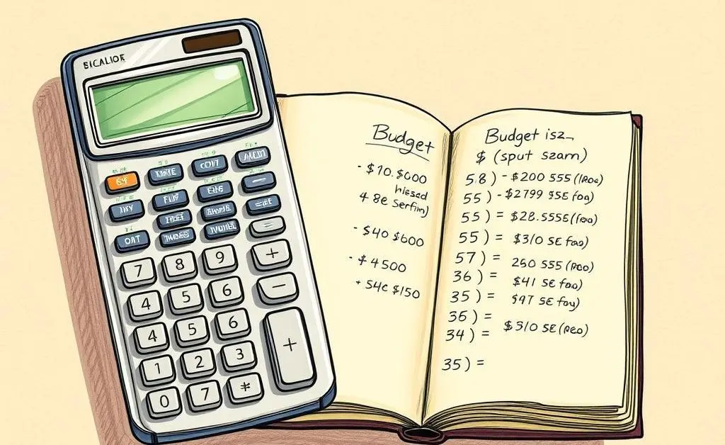 Sketch of a calculator and a notebook with budget calculations.