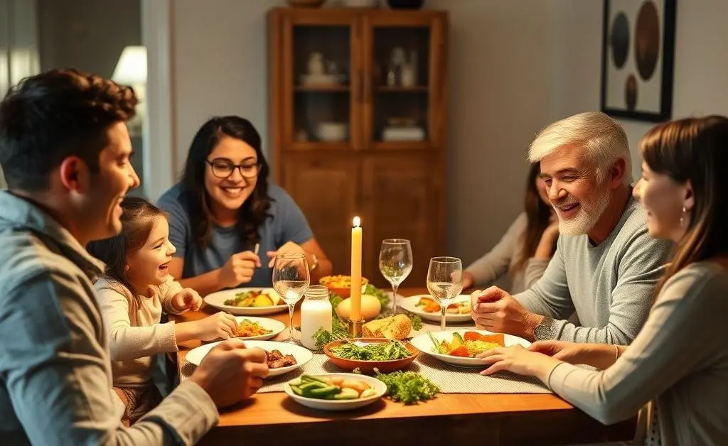 A family gathered around a dinner table, talking and laughing together.