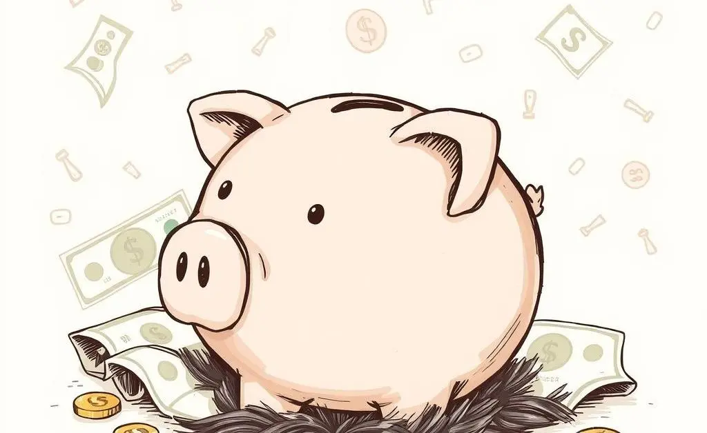 Hand-drawn style image of a piggy bank with dollar bills and coins around it, symbolizing saving money.