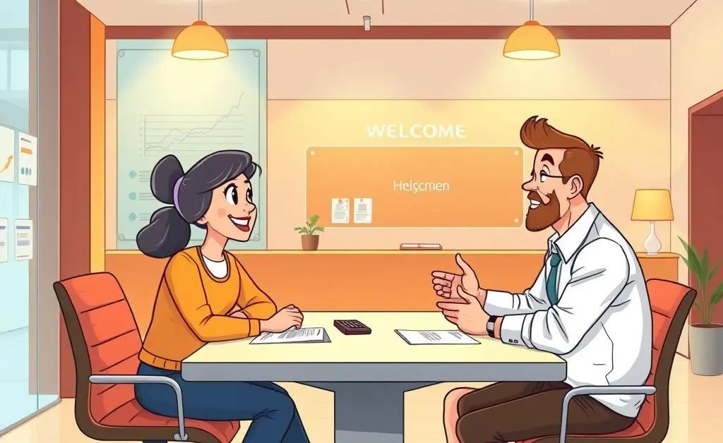 A cartoon-style drawing of a couple sitting at a table with a bank advisor discussing a home loan