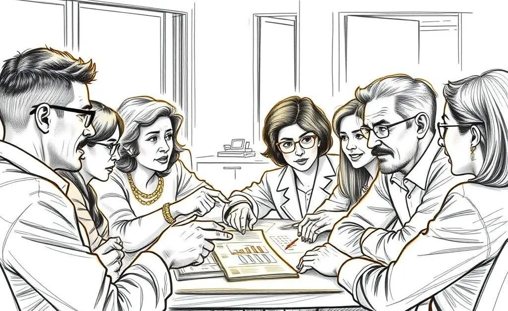 A hand-drawn illustration of various people debating financial needs and options.