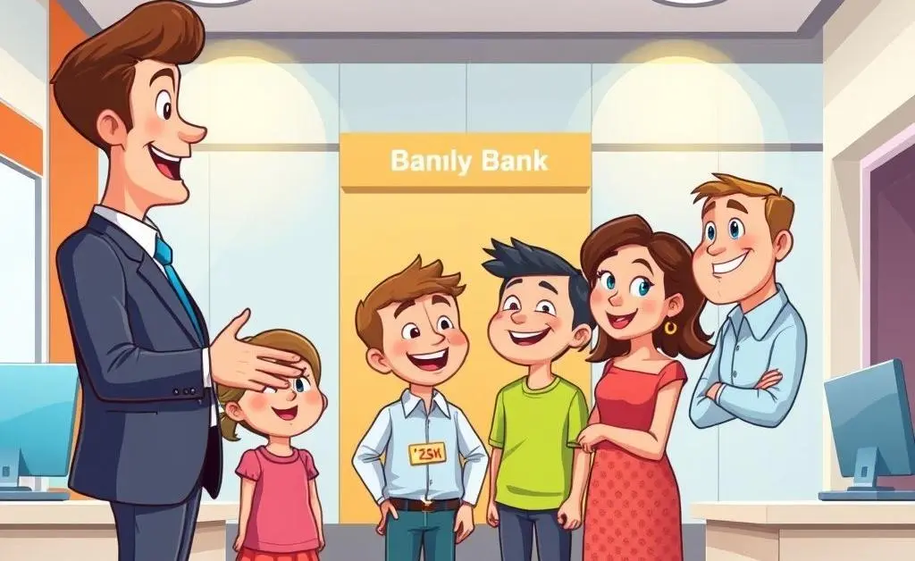 Cartoon illustration of a banker talking with a family