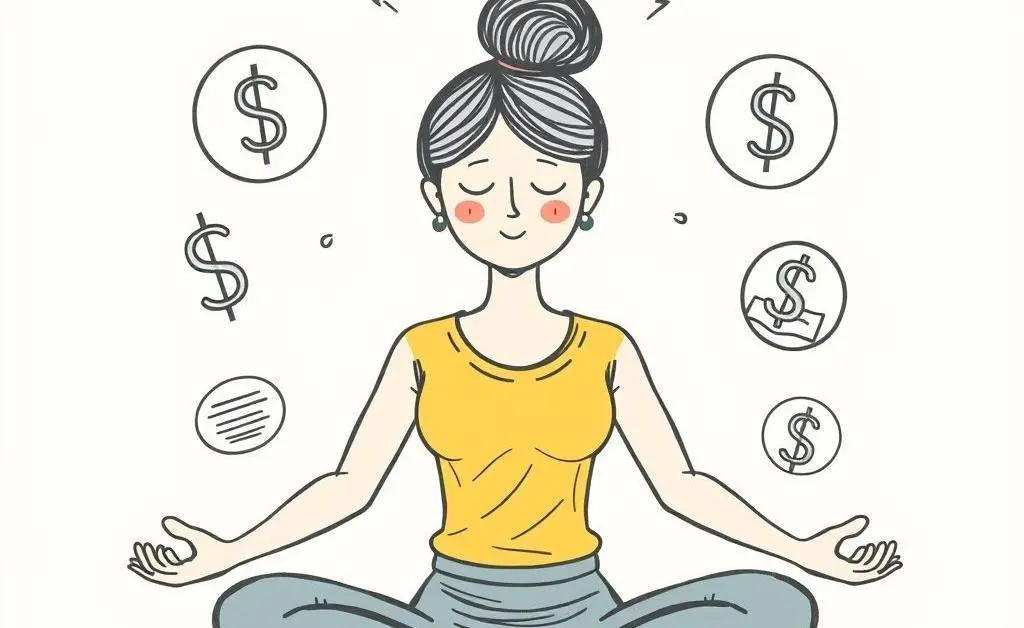 Woman meditating with financial stability symbols