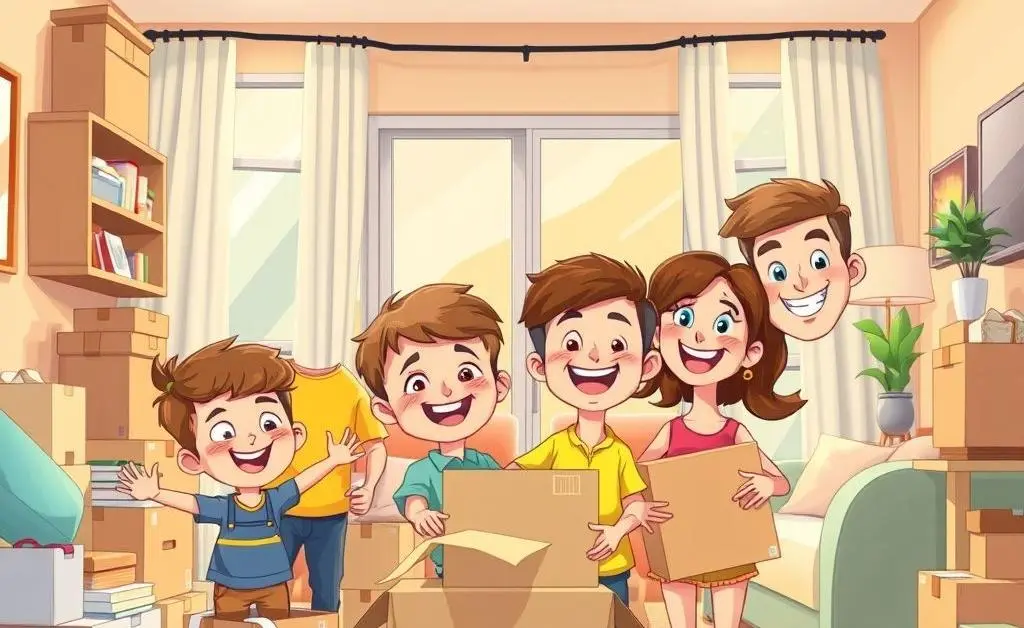 Family inside their new house with moving boxes and excitement
