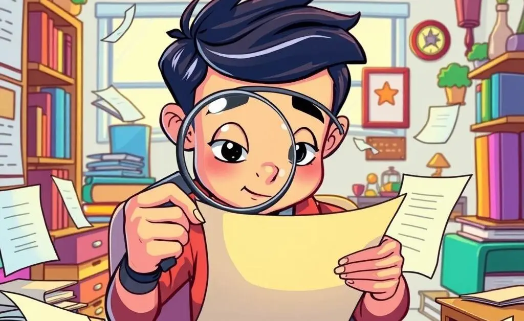 A cartoon-style illustration of a person reading a document with a magnifying glass.