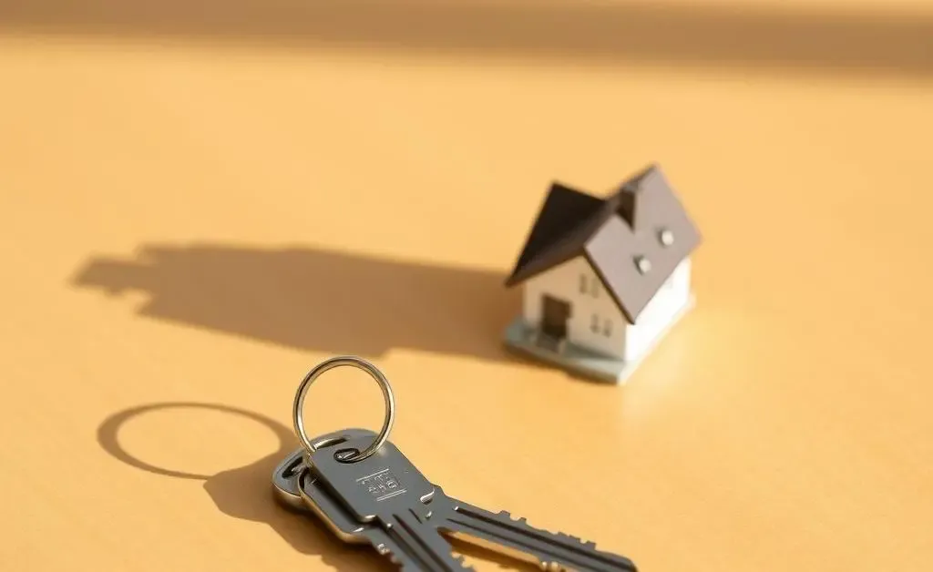 House keys and a small house model on a table.