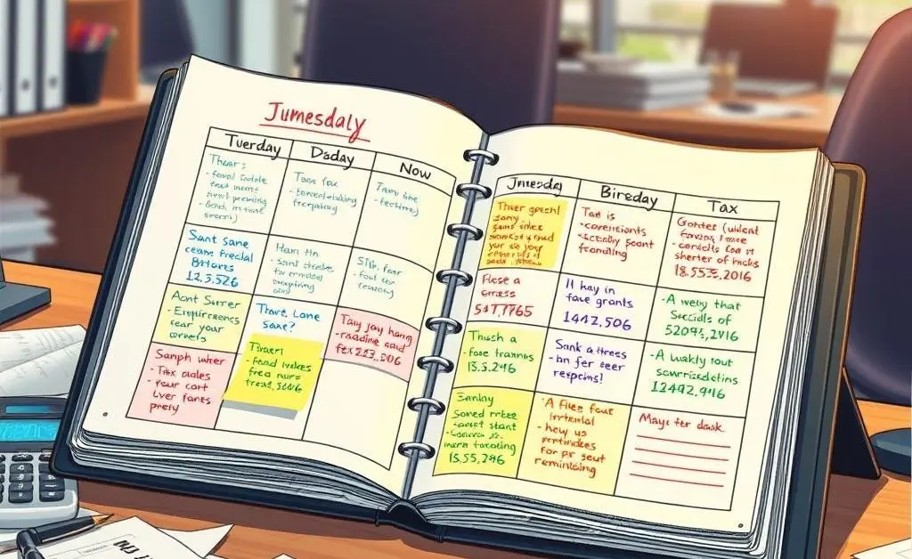 Drawing of a calendar marked with tax deadlines and financial reminders.