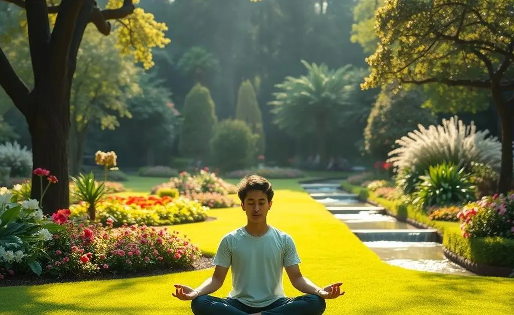 A person meditating in a peaceful park, surrounded by nature.