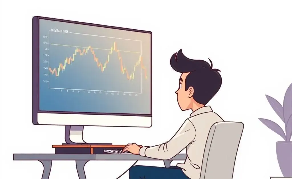 Minimalist cartoon showing a person looking at a stock chart on a computer screen, illustrating the concept of investing.