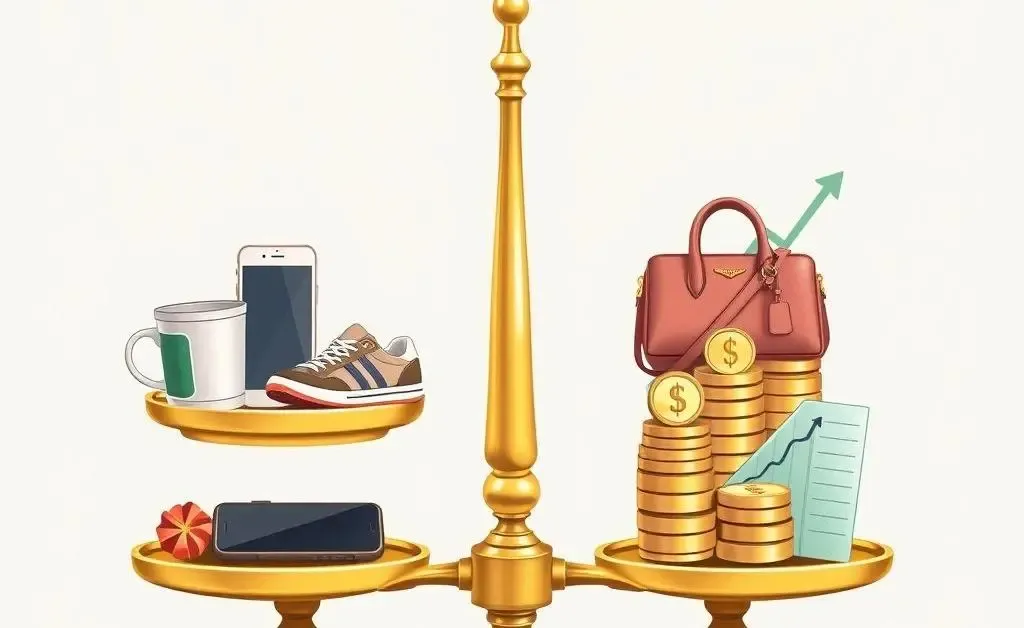 Balance scale with lifestyle items on one side and savings/investments on the other