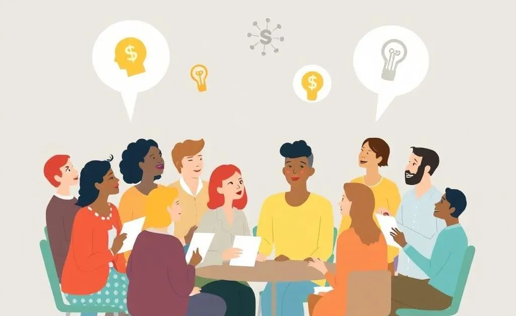 A simple illustration showing a diverse community discussing economic ideas.