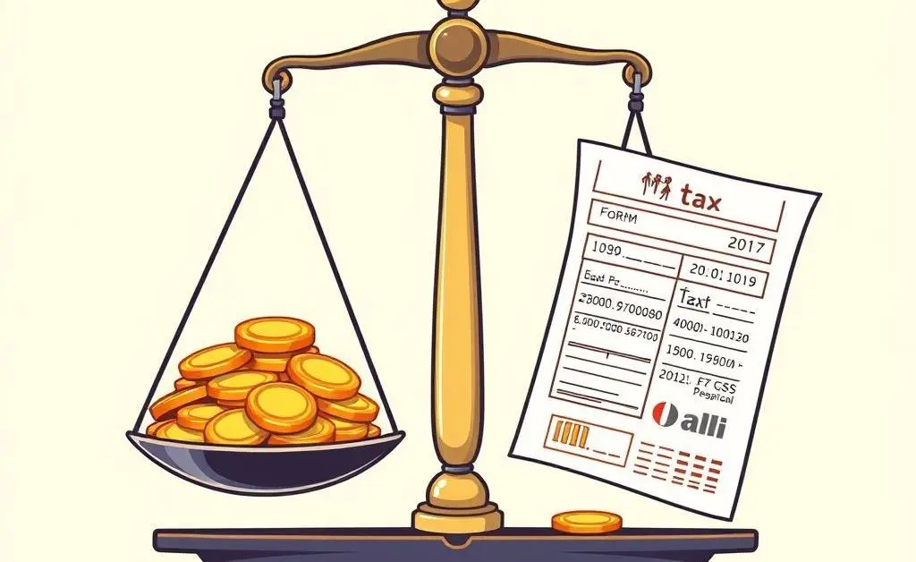 Balance scale with coins and tax document