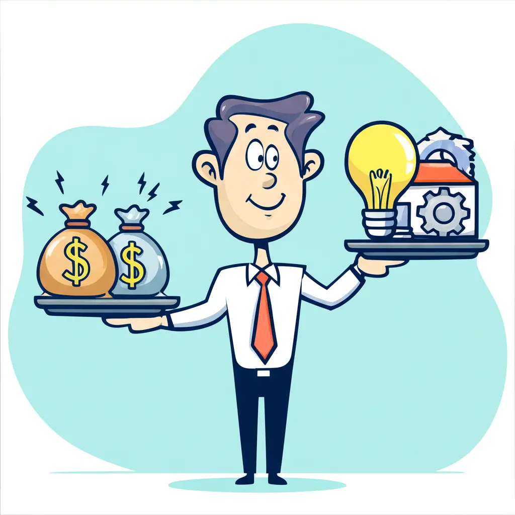 A cartoonish image of a person balancing multiple investment options on a scale.