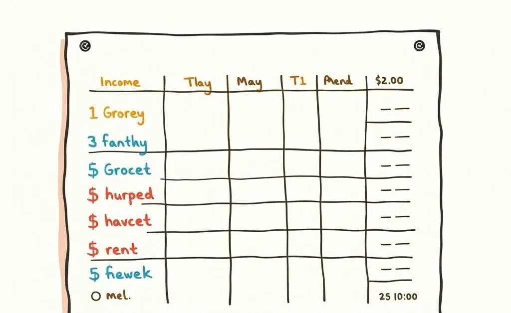 Illustration of a simple, handwritten monthly budget chart.