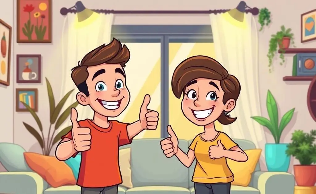 Two roommates giving each other a thumbs-up after resolving a conflict.