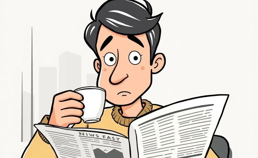 Cartoon of a person sipping coffee while casually reading financial news.