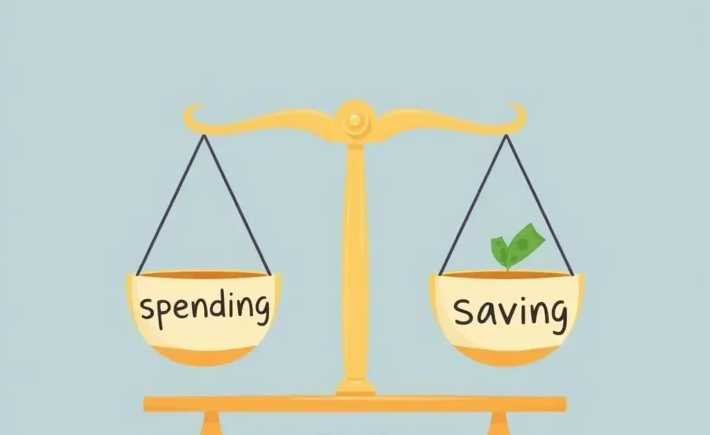A playful illustration of a balance scale with 'spending' and 'saving' on either side.