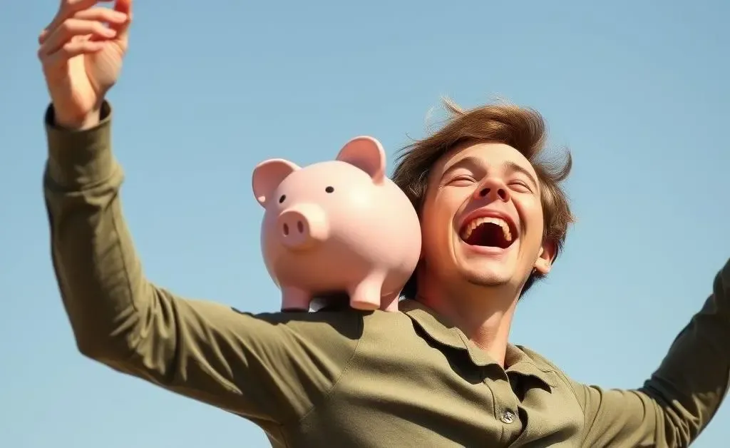 Person tossing a piggy bank over their shoulder in a joyful and carefree manner.
