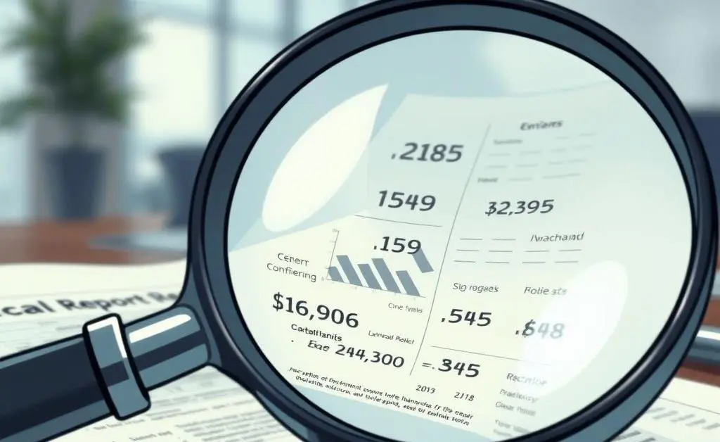 Magnifying glass over a financial statement