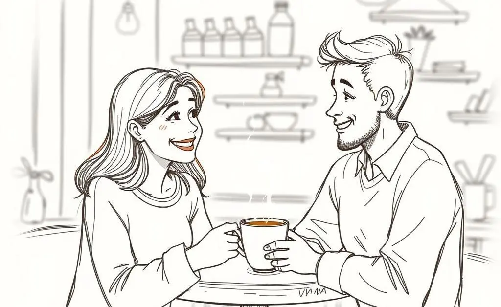 Two people having a friendly conversation over coffee.