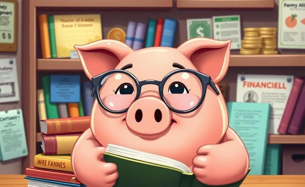 A cozy cartoon of a piggy bank wearing reading glasses and studying financial books.