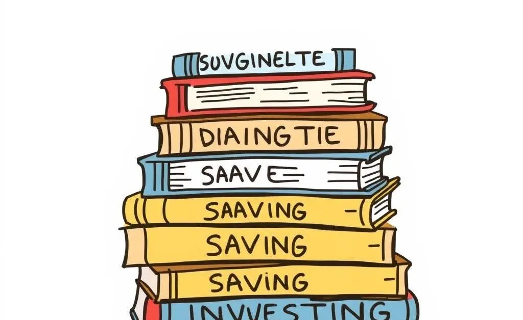 Books labeled with budgeting, saving, investing